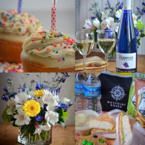 A collage picture of the packages available: wine, flower, birthday celebration.